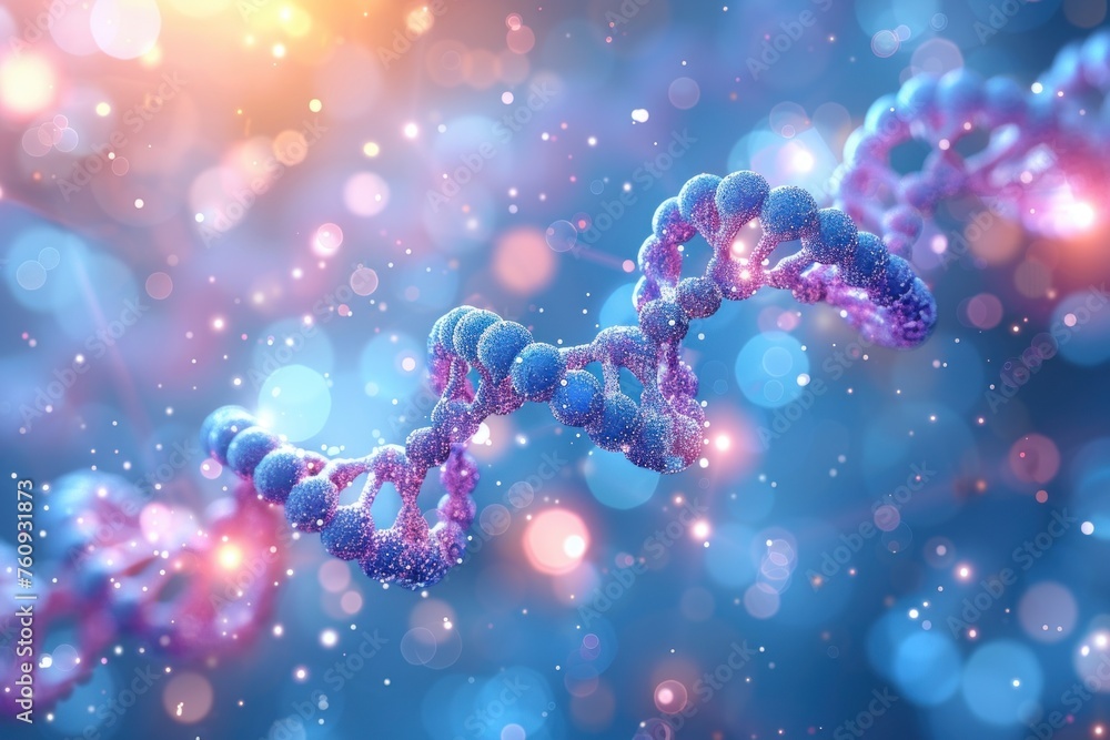 Abstract blue and purple DNA double helix structure on white glittering background Abstract blue and purple DNA double helix structure on white glittering background