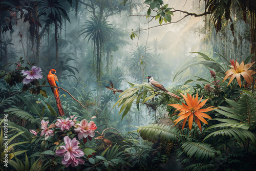 Exotic Birds in a Lush Rainforest