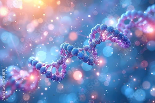 Abstract blue and purple DNA double helix structure on white glittering background