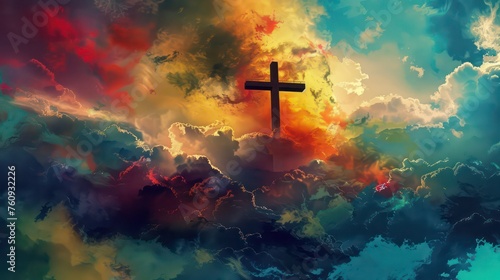 Jesus cross symbol on colorful clouds background photo