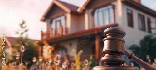 Judge gavel on background of private house, court hammer, housing estate, concept of land, construction, housing, family, bankruptcy law and home purchase