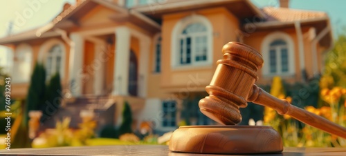 Judge gavel on background of private house, court hammer, housing estate, concept of land, construction, housing, family, bankruptcy law and home purchase