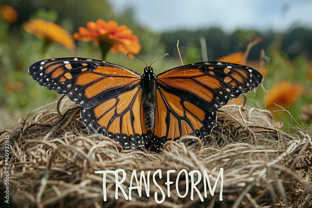 Obraz premium Majestic Butterfly Perched on Nest with Transform Banner, Symbol of Change
