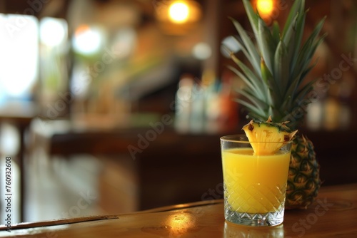 Fresh pineapple juice in a glass with a slice on the rim  against a blurred bar background