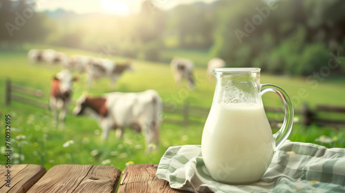 A glass milk jug on a wooden table on the background of an alpine meadow with grazing cows