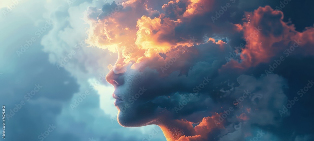 Mind Fog series. Mans head inside cloud. 3D rendering of human head morphed with fractal paint on the subject of inner world, dreams, emotions, creativity, imagination and human mind. - obrazy, fototapety, plakaty 