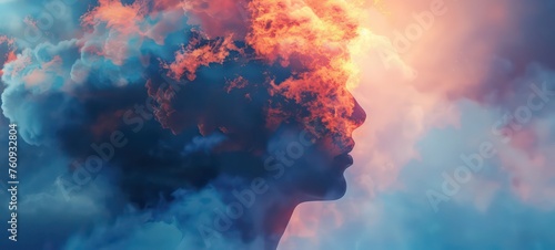 Mind Fog series. Mans head inside cloud. 3D rendering of human head morphed with fractal paint on the subject of inner world, dreams, emotions, creativity, imagination and human mind.