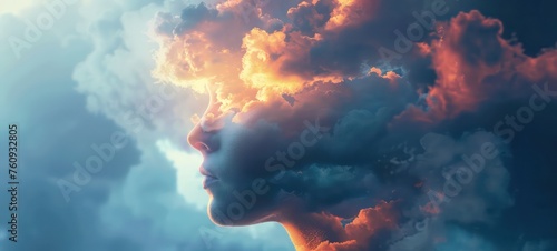 Mind Fog series. Mans head inside cloud. 3D rendering of human head morphed with fractal paint on the subject of inner world, dreams, emotions, creativity, imagination and human mind. #760932805
