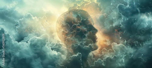 Mind Fog series. Mans head inside cloud. 3D rendering of human head morphed with fractal paint on the subject of inner world, dreams, emotions, creativity, imagination and human mind. #760932809