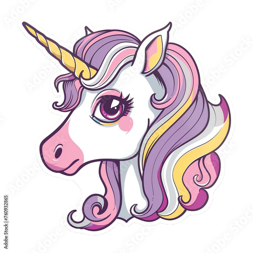 Unicorn sticker isolated on white. Head portrait horse sticker  patch badge. Rainbow hair. Dream symbol. Isolated on white background. 