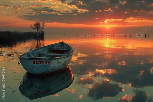 A tranquil scene where the morning sun's warm hues gently illuminate a rowboat named INSPIRE on calm waters.