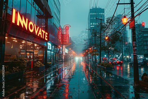 A sleek cityscape bathed in rain, highlighted by the glowing 'Innovate' signage, symbolizing forward-thinking urban development.
