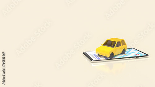 The yellow car on mobile phone for Applications or transportation concept 3d rendering.