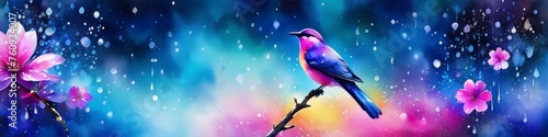Abstract watercolor illustration of a bird on a flowering branch in the rain on a blurred pink and yellow bokeh background, space for text. Concept for valentine's day or birthday or mother's day or w