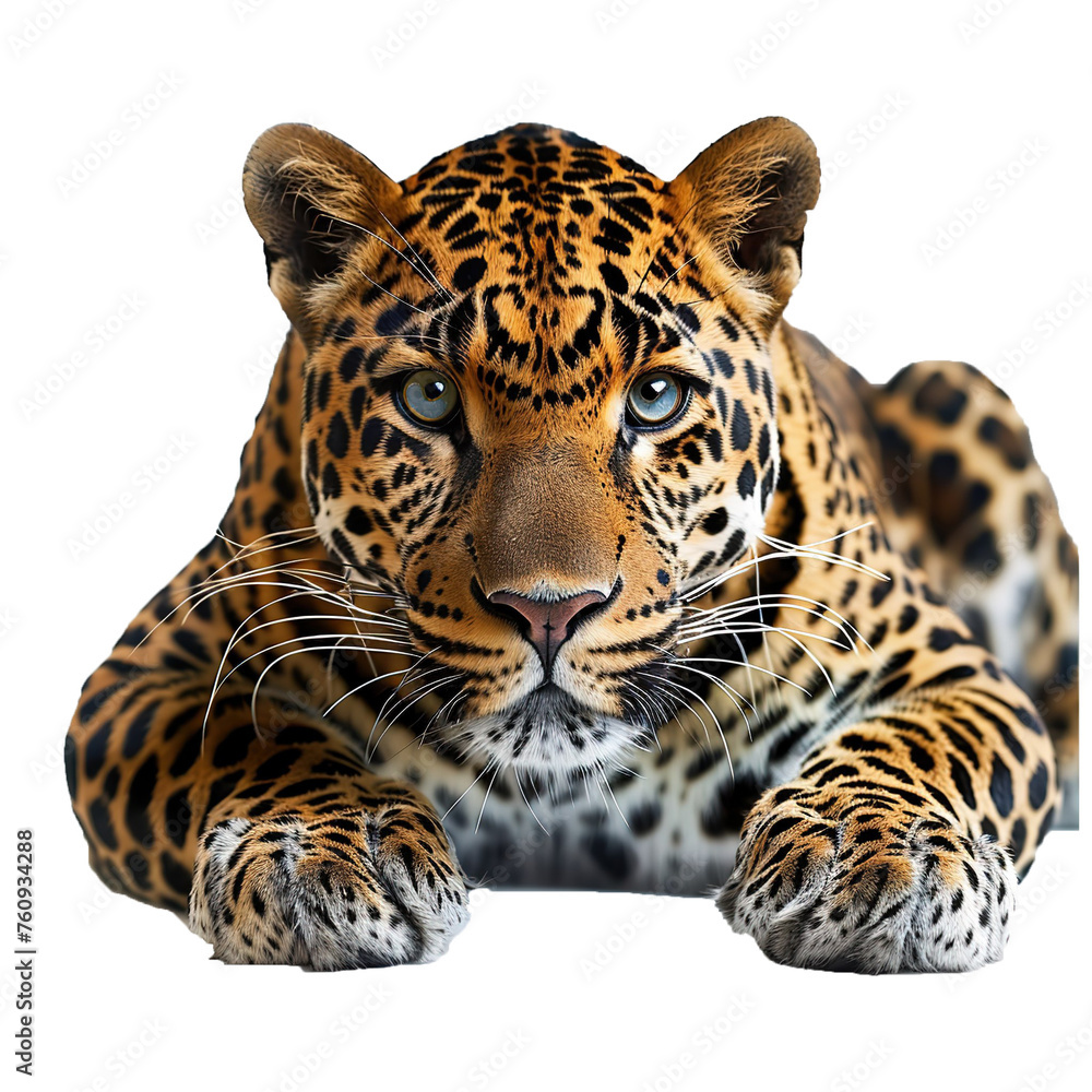Obraz premium Captivating image of a fierce wild jaguar cat charging towards the camera with intense eyes ,set against a white background