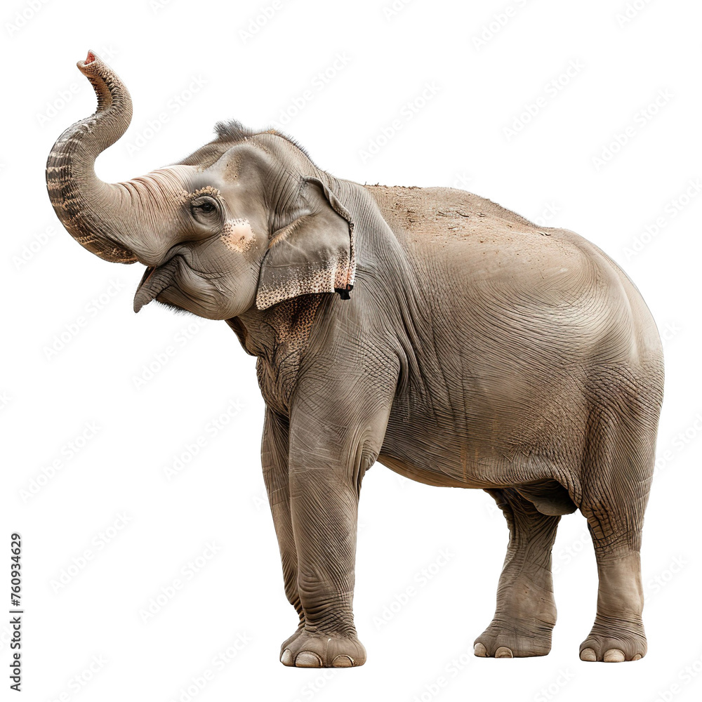 Baby elephant pointing nose up , baby mammal elephant isolated on white background.