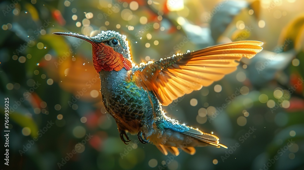 Flying hummingbird with green forest in background. Small colorful bird in flight. Digital art Flying hummingbird with green forest in background. Small colorful bird in flight. Digital art
