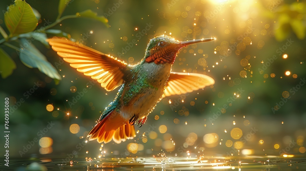 Obraz premium Flying hummingbird with green forest in background. Small colorful bird in flight. Digital art