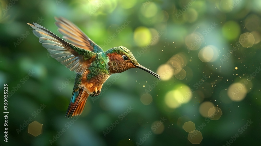 Fototapeta premium Flying hummingbird with green forest in background. Small colorful bird in flight. Digital art