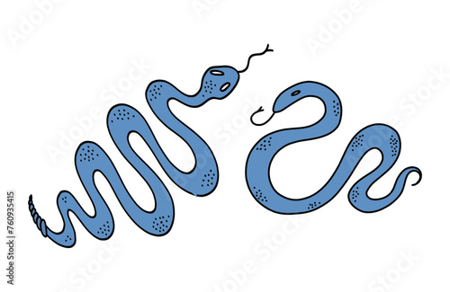 Mystic blue snakes silhouette. Snake wrapped around. Boho modern hand drawn design elements for logo and branding.