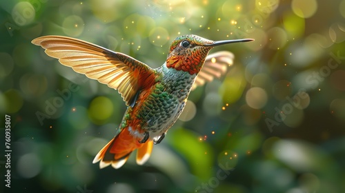 Flying hummingbird with green forest in background. Small colorful bird in flight. Digital art © Jennifer