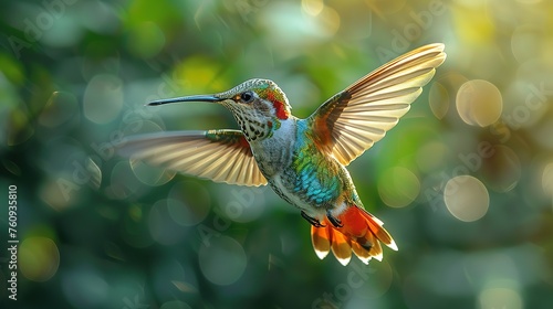 Flying hummingbird with green forest in background. Small colorful bird in flight. Digital art © Jennifer