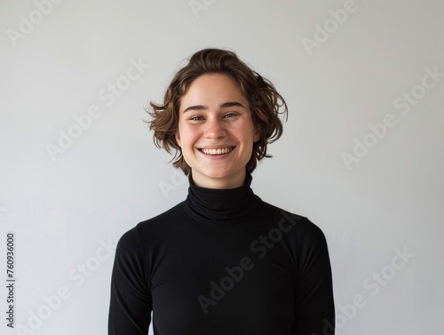 A smiling and cheerful people, exuding confidence and happiness with black turtleneck.