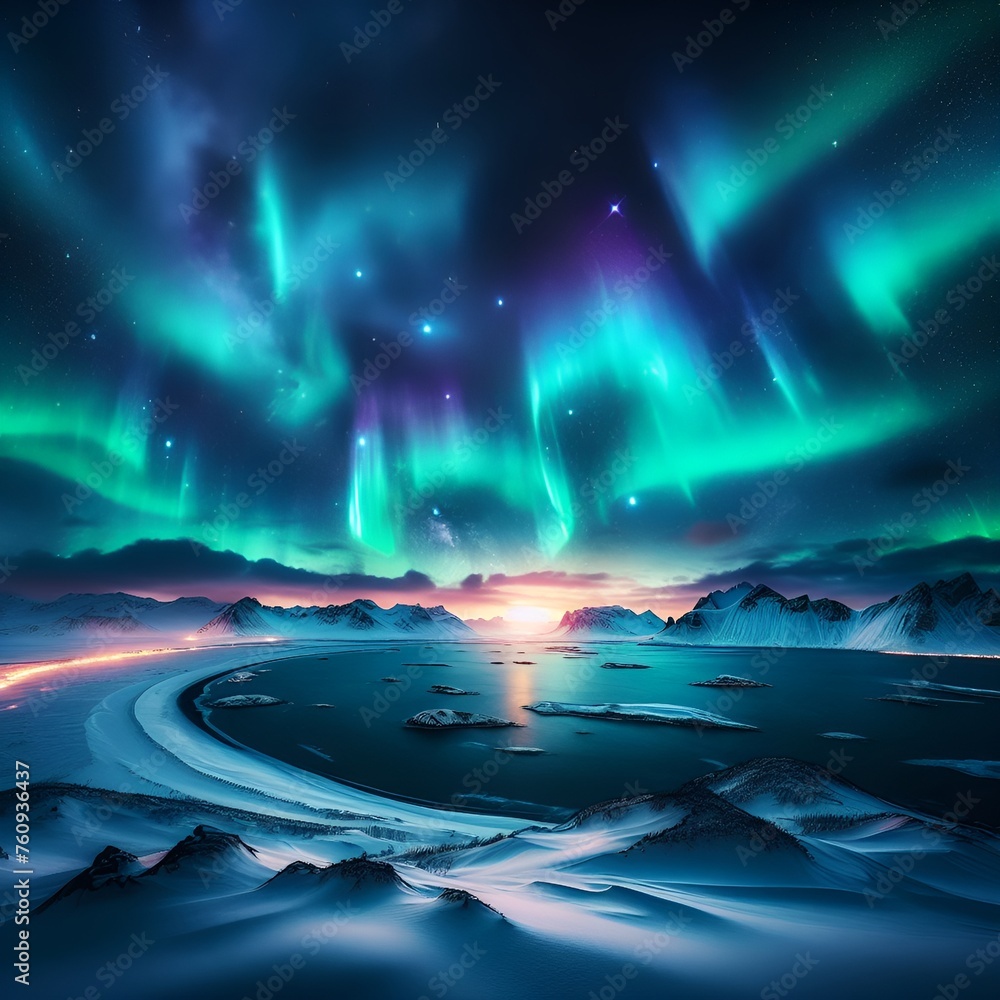 Mystical Aurora Over Icy Mountainous Terrain