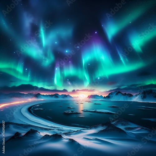 Mystical Aurora Over Icy Mountainous Terrain