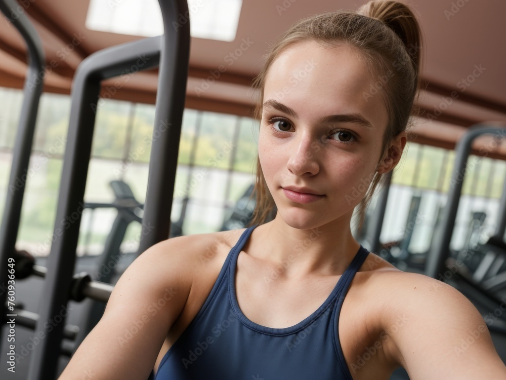 Young sporty girl takes selfies in gym Young sporty girl takes selfies in gym