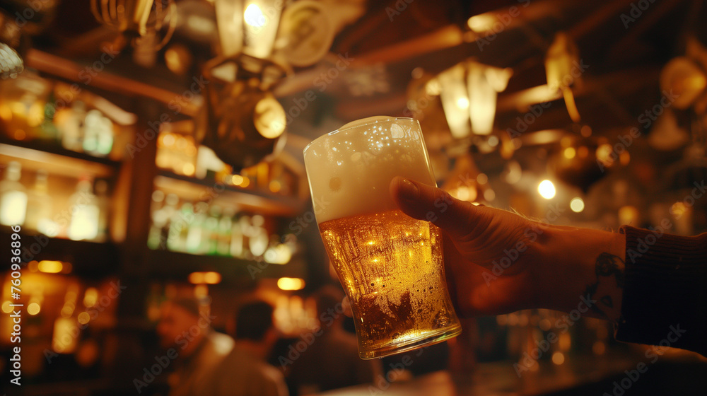 In the warm glow of a traditional Irish pub, cheerful friends gather, enjoying pints of beer amidst laughter and convivial chatter, embodying the spirit of camaraderie. - obrazy, fototapety, plakaty 
