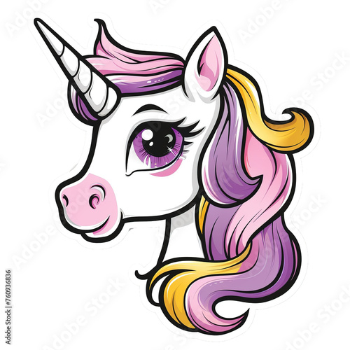 Unicorn sticker isolated on white. Head portrait horse sticker, patch badge. Rainbow hair. Dream symbol. Isolated on white background.

