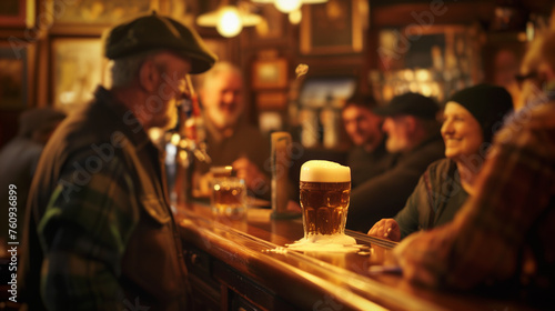 In the warm glow of a traditional Irish pub, cheerful friends gather, enjoying pints of beer amidst laughter and convivial chatter, embodying the spirit of camaraderie.