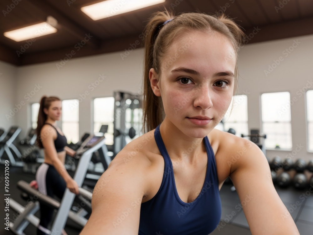 Young sporty girl takes selfies in gym