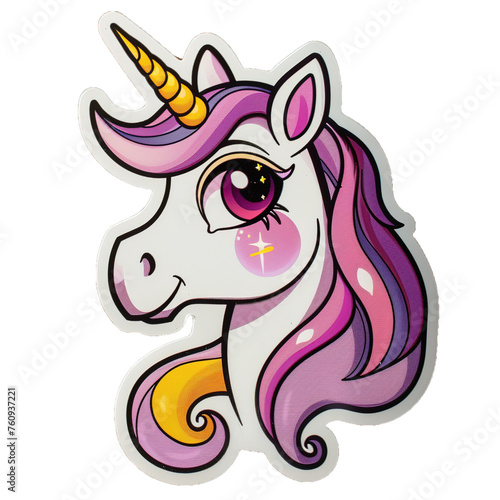 Unicorn sticker isolated on white. Head portrait horse sticker, patch badge. Rainbow hair. Dream symbol. Isolated on white background. 