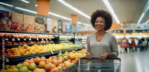 Beautiful middle-aged African American woman smiles while shopping at the supermarket with her cart in the fruit section.