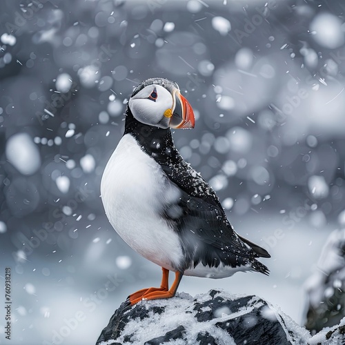 A solitary Atlantic puffin on a rocky