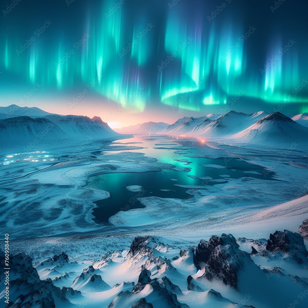 Naklejka premium Mystical Aurora Over Icy Mountainous Terrain