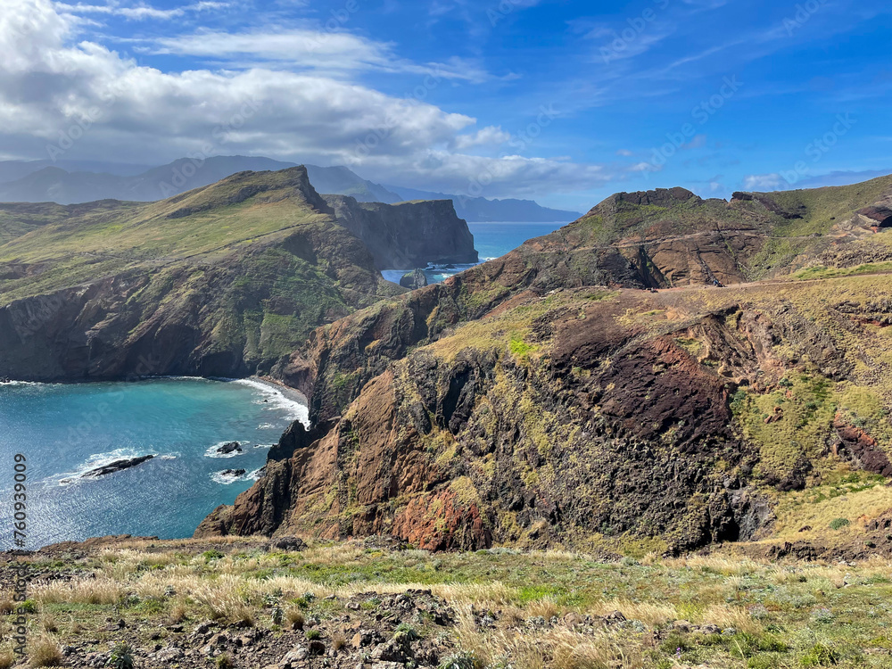 Breattaking view of the peninsula Ponta de São Lourenço mountain from hiking trail and Atlantic ocean on the Madeira island