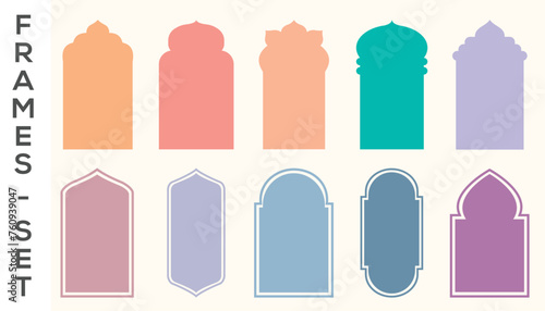 Shape Islamic door and window silhouette Arabic arch. Collection of patterns in oriental style. Frames in Arabic Muslim design for Ramadan Kareem.