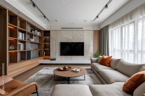 The modern minimalist style family living room  superflat bookcase  the color of Morandi  soft furnishings in the space.