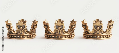 Set of golden king crowns on white background. Illustration. Emblem, icon and Royal symbols.