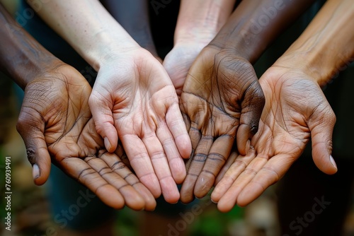 Multiple hands of diverse skin tones held open and together, showing unity and diversity