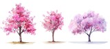 Set of watercolor pink trees on white background