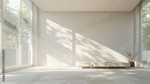Empty Minimal Room with Expansive Windows and Natural Light, Tranquil Oasis of Minimalist Design and Abundant Daylight

