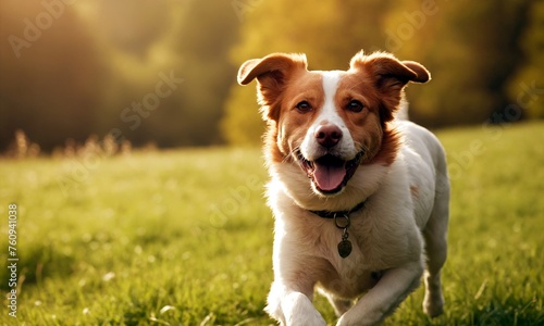 Brown and white dog running across a lush green field