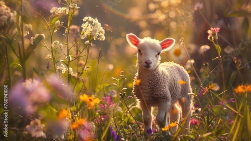 Small Cute Lamb Gambolling in a Meadow, Innocence and Playfulness Amid Vibrant Wildflowers and Sunlit Grass