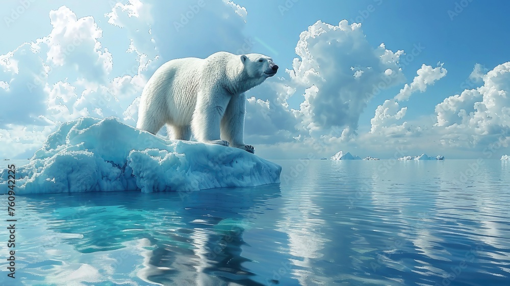 Polar Bear on Ice Floe Next to Melting Iceberg, Fragile Arctic Ecosystems and Urgent Need for Conservation
