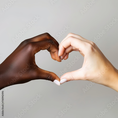 Hands with different skin colors on white background making a heart shape, anti racism concept