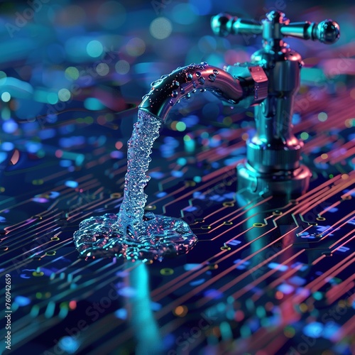 concept of dat leak, leaky software, data with a tap sticking out. Protection of data. 